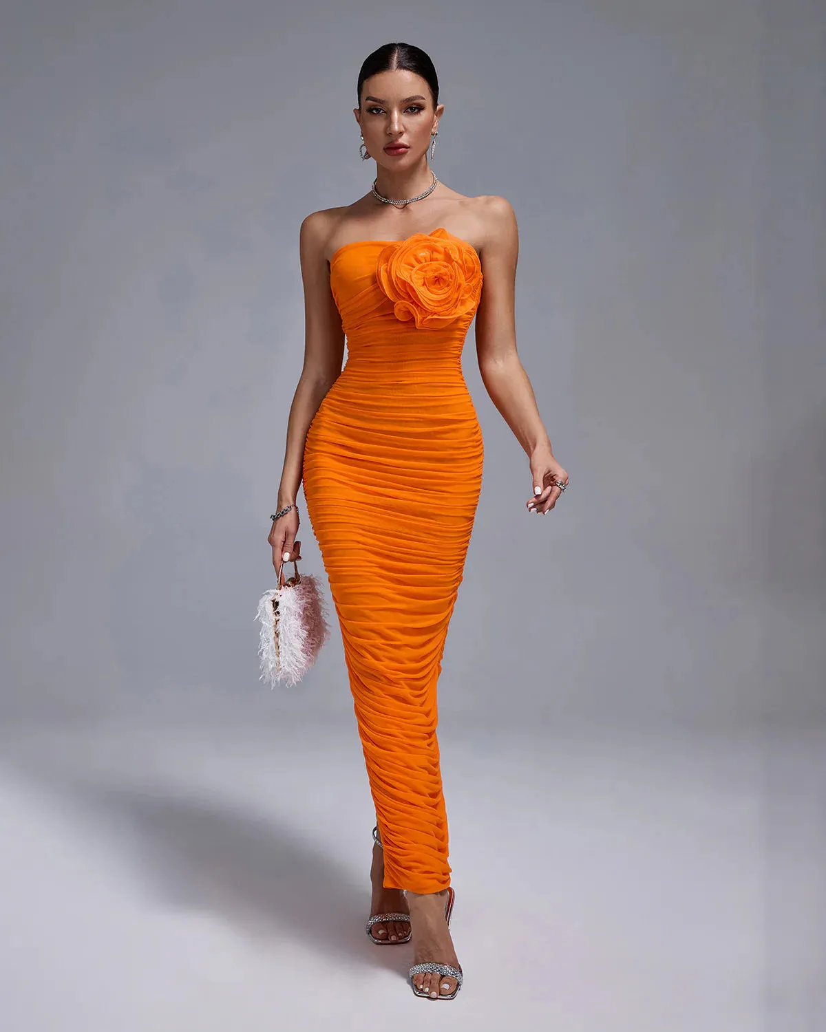 AMBER Open Back Ruched Flower Maxi Bodycon Dress