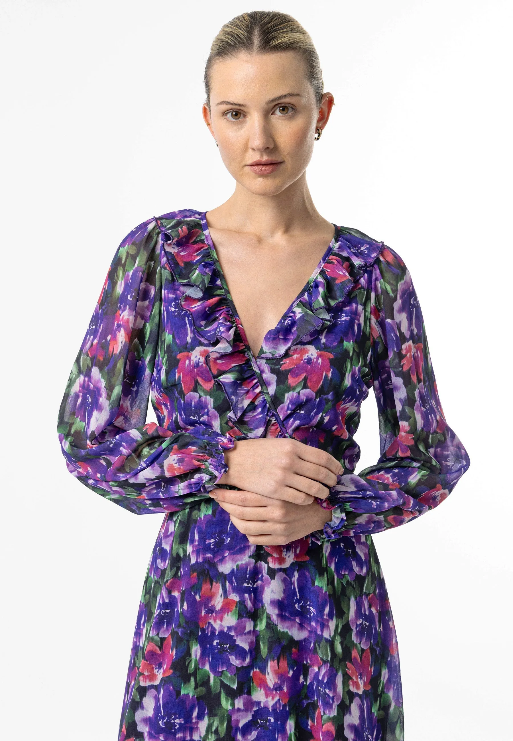 Angeleye Faux Wrap Ruffle Detail Midi Dress In Purple Floral