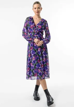 Angeleye Faux Wrap Ruffle Detail Midi Dress In Purple Floral