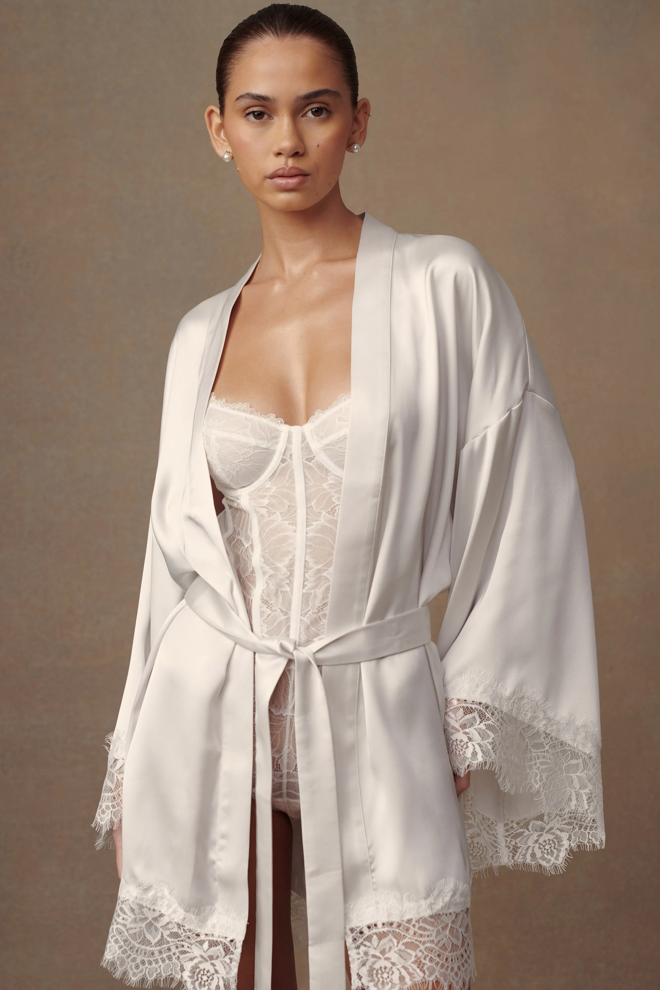 Annabeth Lace Trim Bridal Robe - White