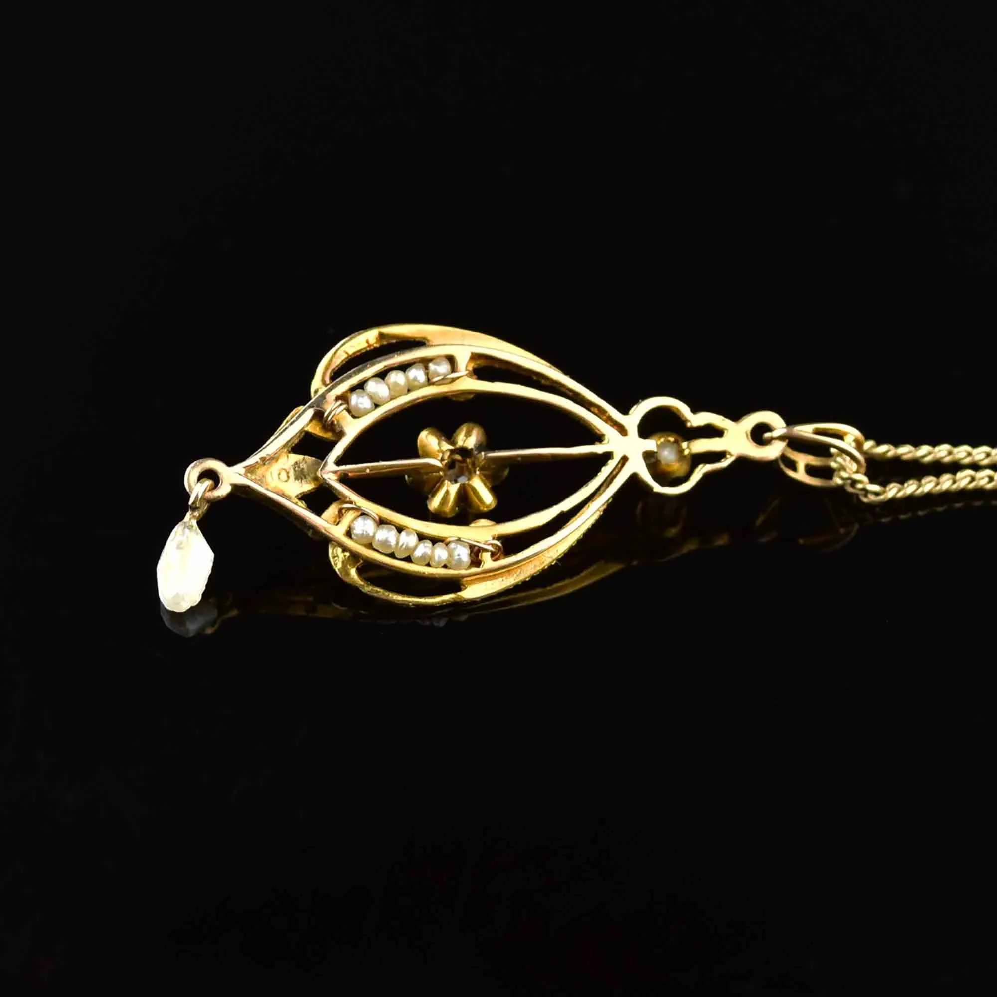 Antique Edwardian 10K Gold Pearl Diamond Lavalier