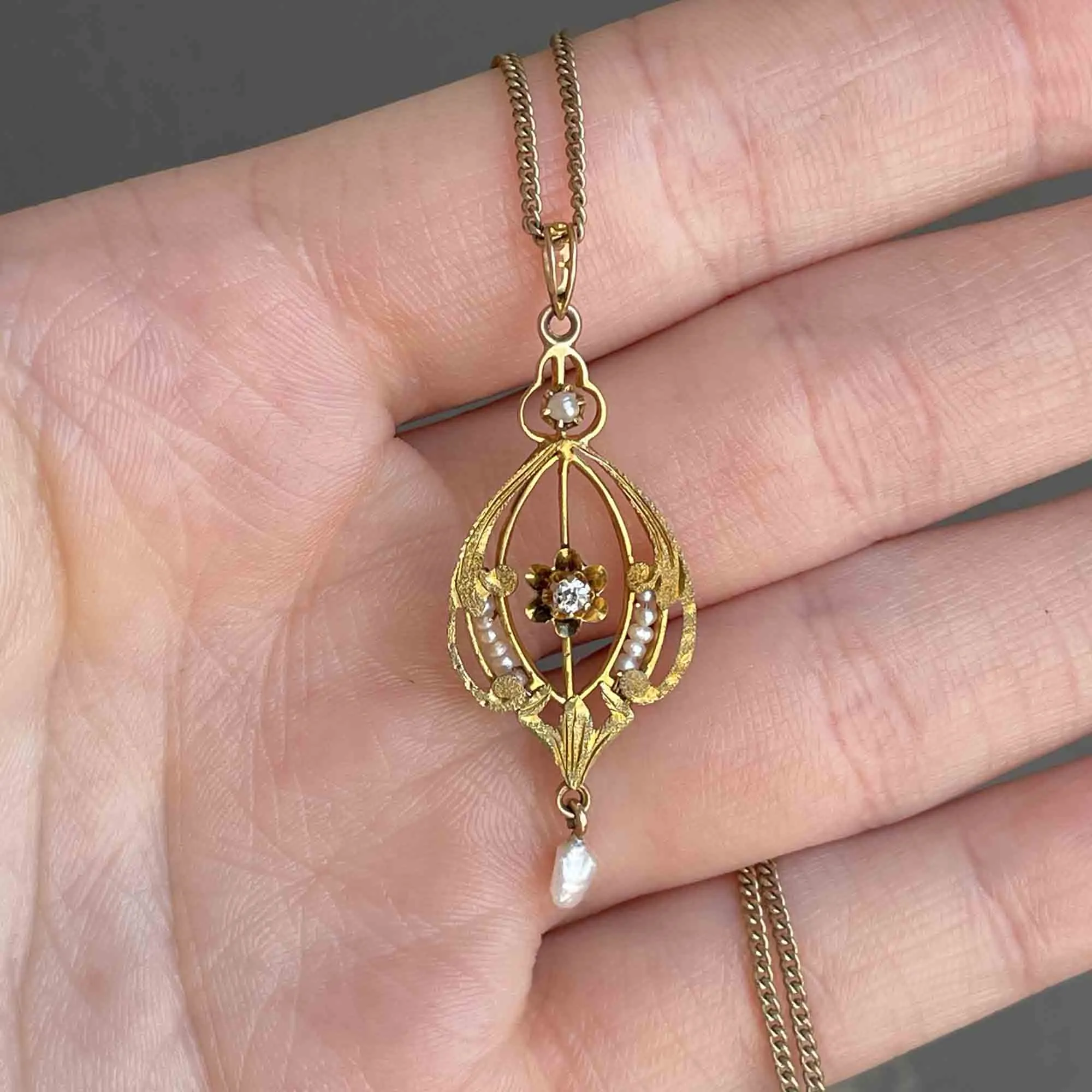 Antique Edwardian 10K Gold Pearl Diamond Lavalier