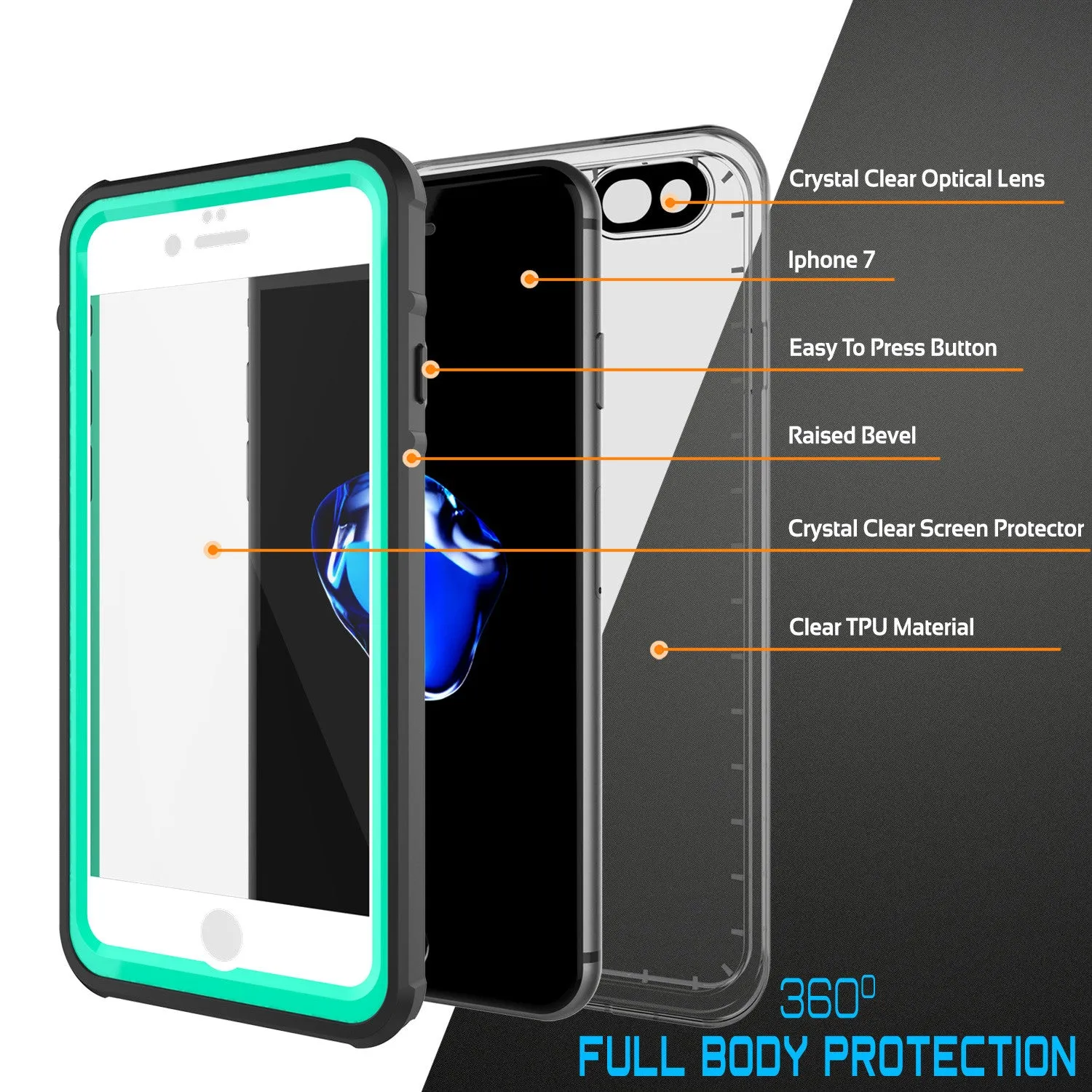 Apple iPhone 7 Waterproof Case, PUNKcase CRYSTAL Teal W/ Attached Screen Protector  | Warranty