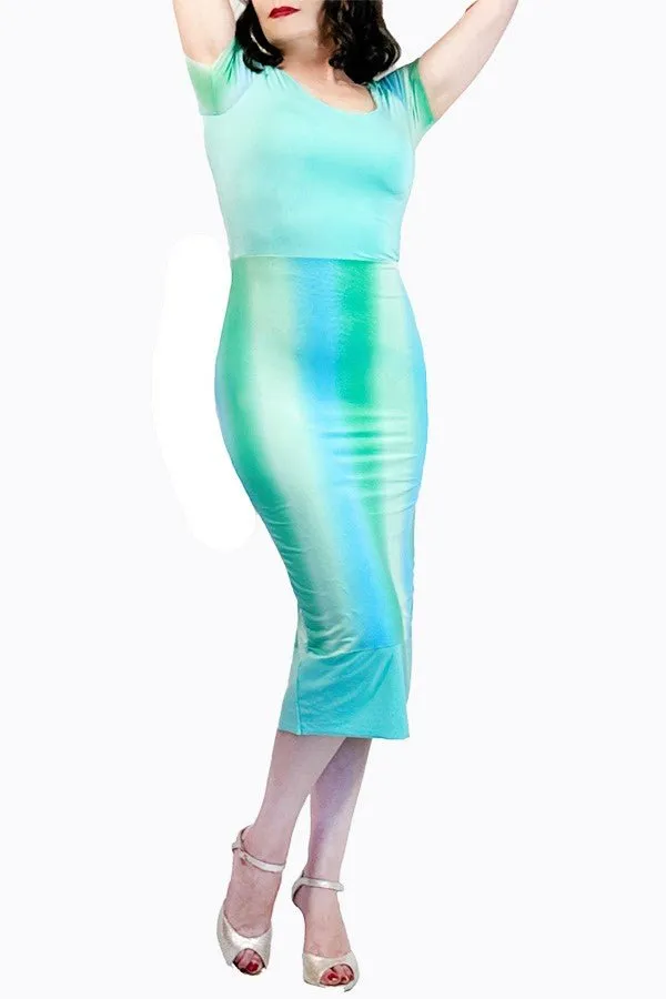 aqua ombre tango dress with back slit and cap sleeves