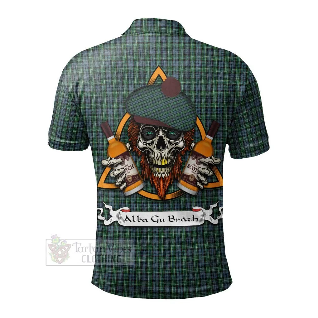 Arbuthnot Tartan Polo Shirt with Family Crest and Bearded Skull Holding Bottles of Whiskey