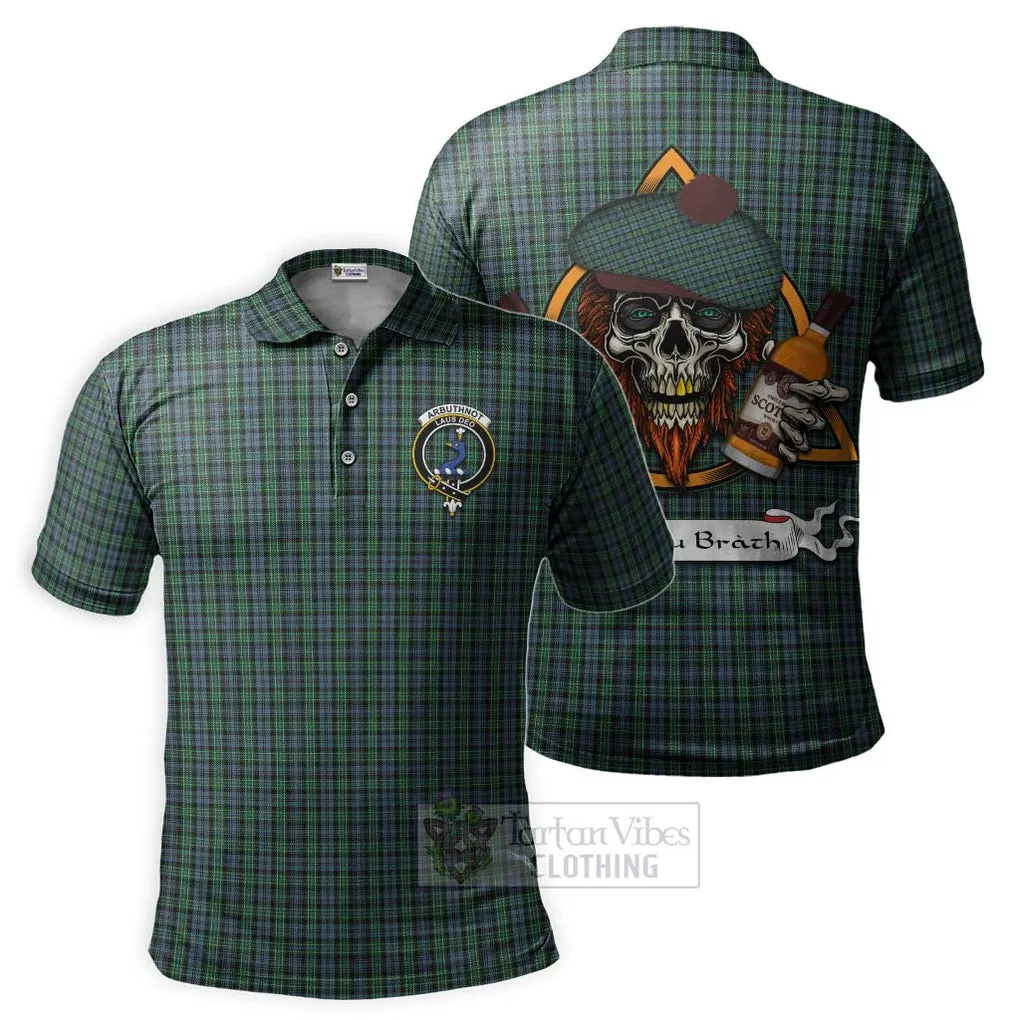 Arbuthnot Tartan Polo Shirt with Family Crest and Bearded Skull Holding Bottles of Whiskey