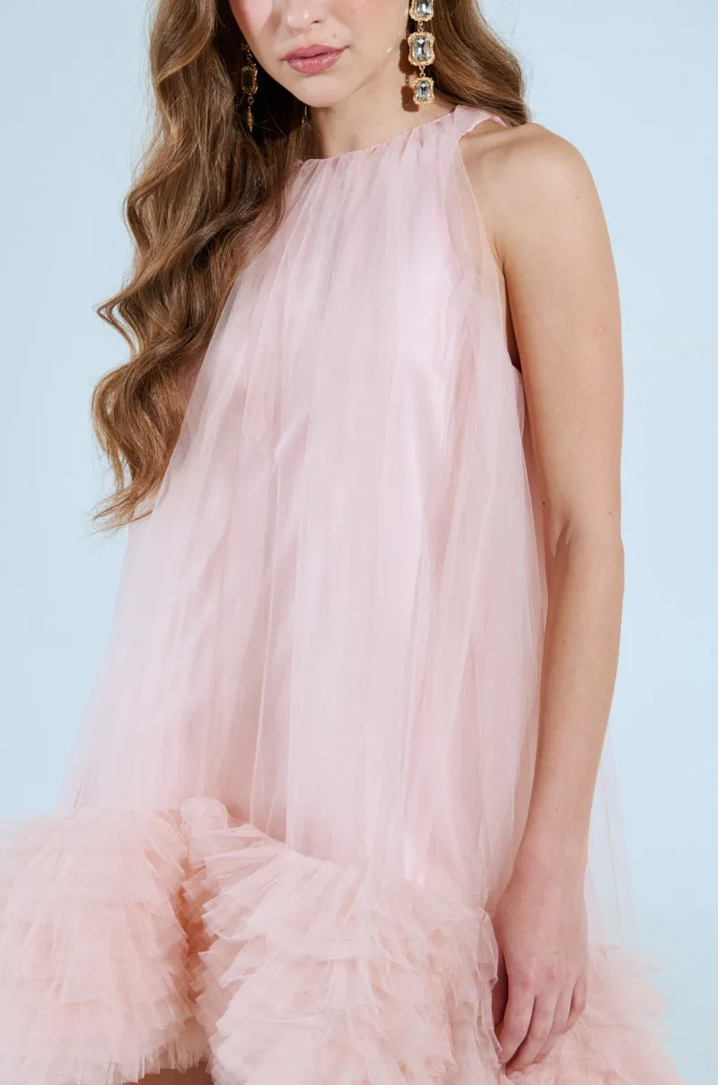 ARI TULLE RUFFLE HIGH LOW MINI DRESS IN BLUSH