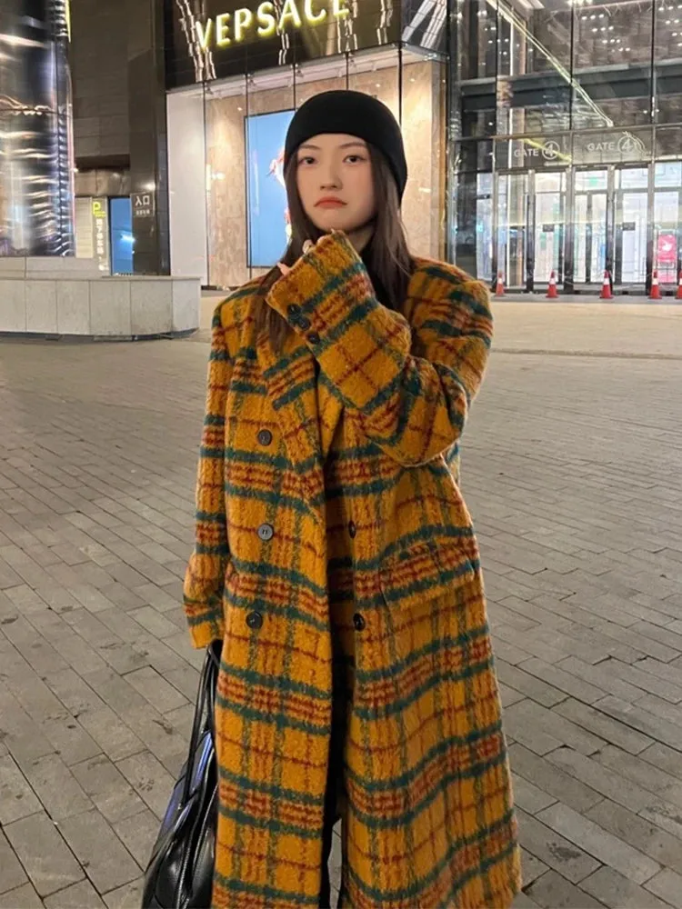 Autumn Winter Long Loose Retro Colorful Plaid Woolen Double Breasted Luxury Designer 2024 Stylish Coat