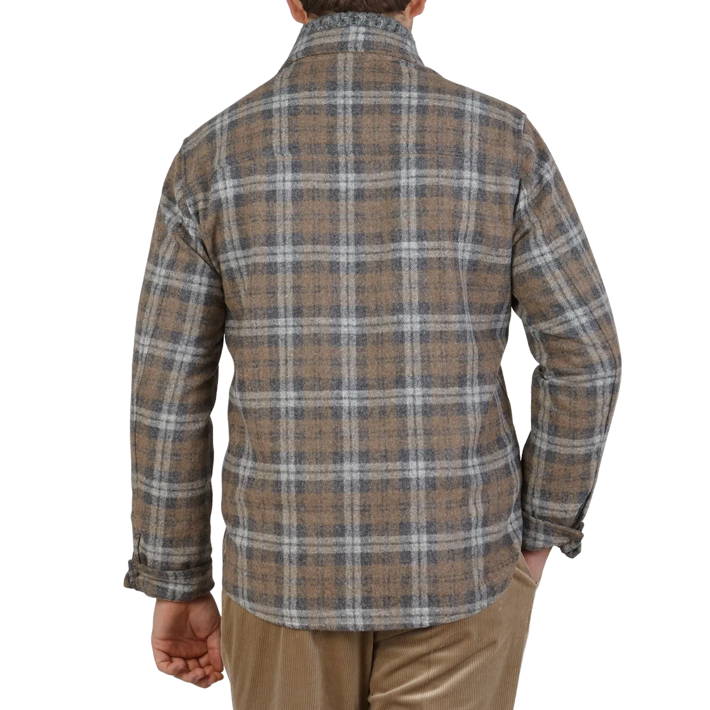 Beige Grey Checked Baby Alpaca Wool Overshirt