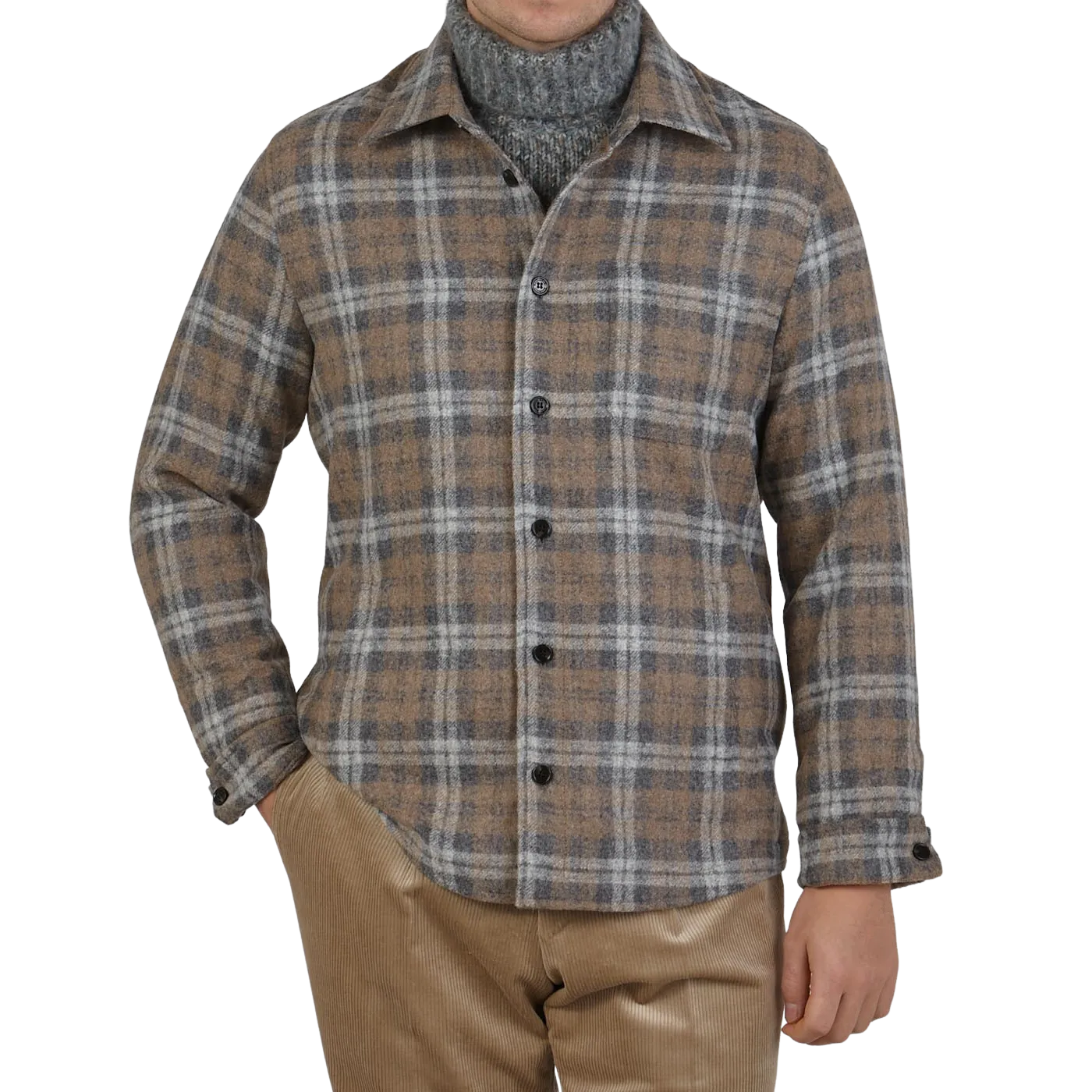 Beige Grey Checked Baby Alpaca Wool Overshirt