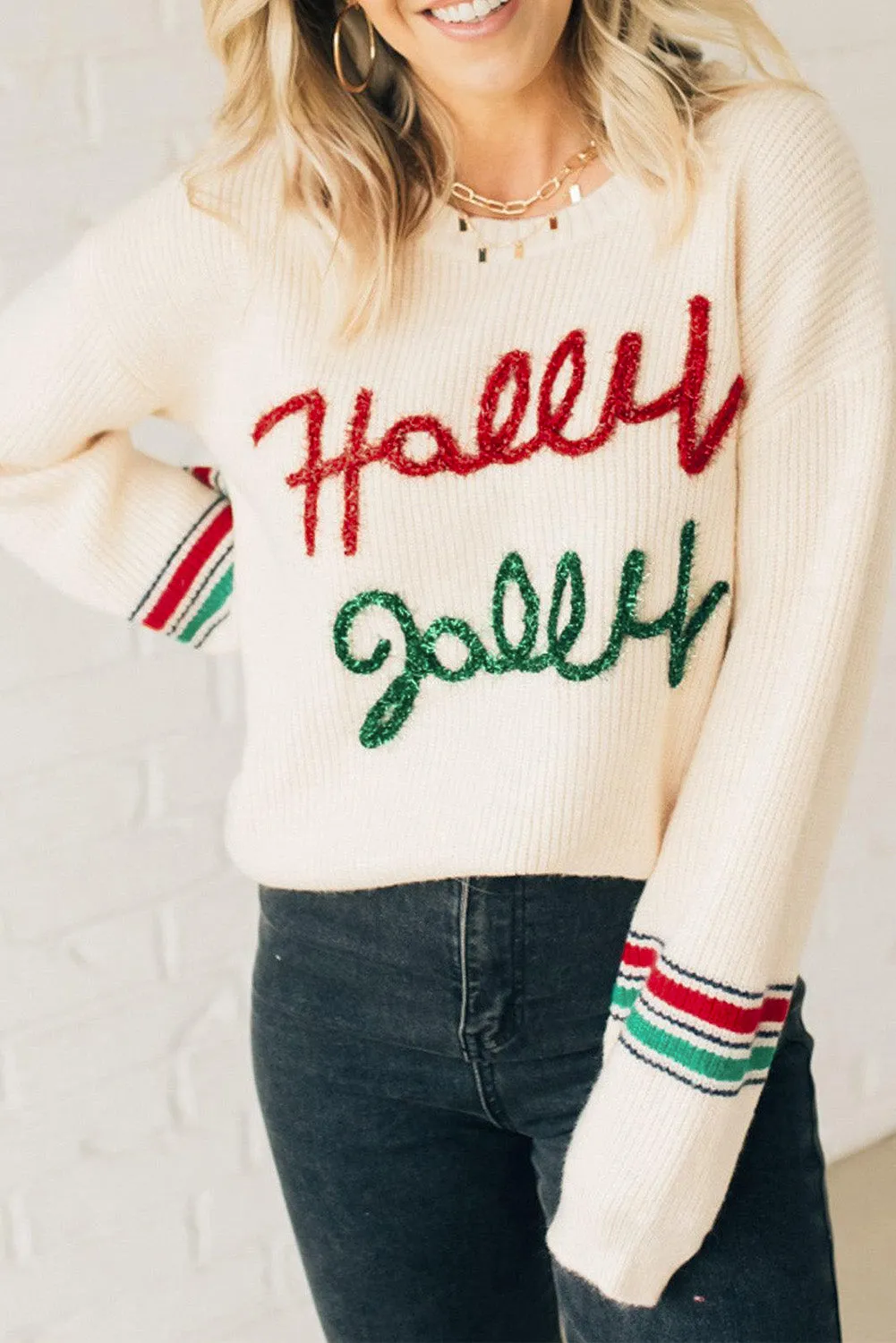 Beige Tinsel Holly Jolly Graphic Classic Sweater