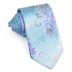 Beverly Hills Polo Club Rhinestone Silk Neck Tie Floral Design On Light Blue