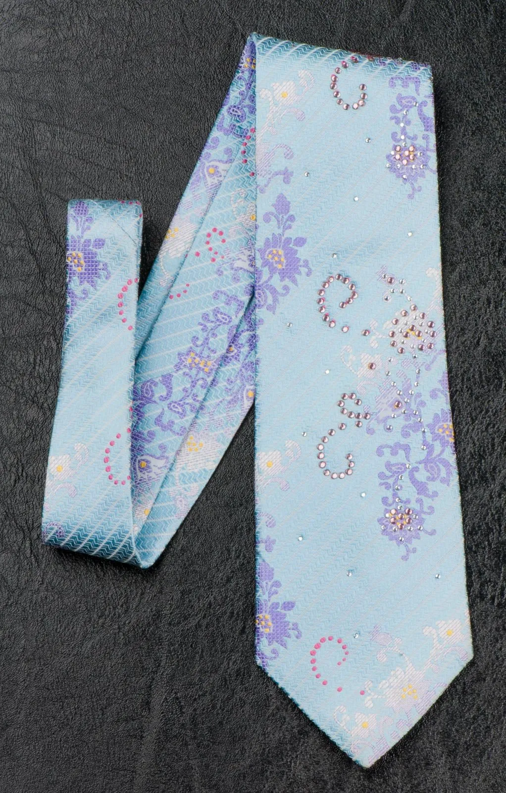 Beverly Hills Polo Club Rhinestone Silk Neck Tie Floral Design On Light Blue