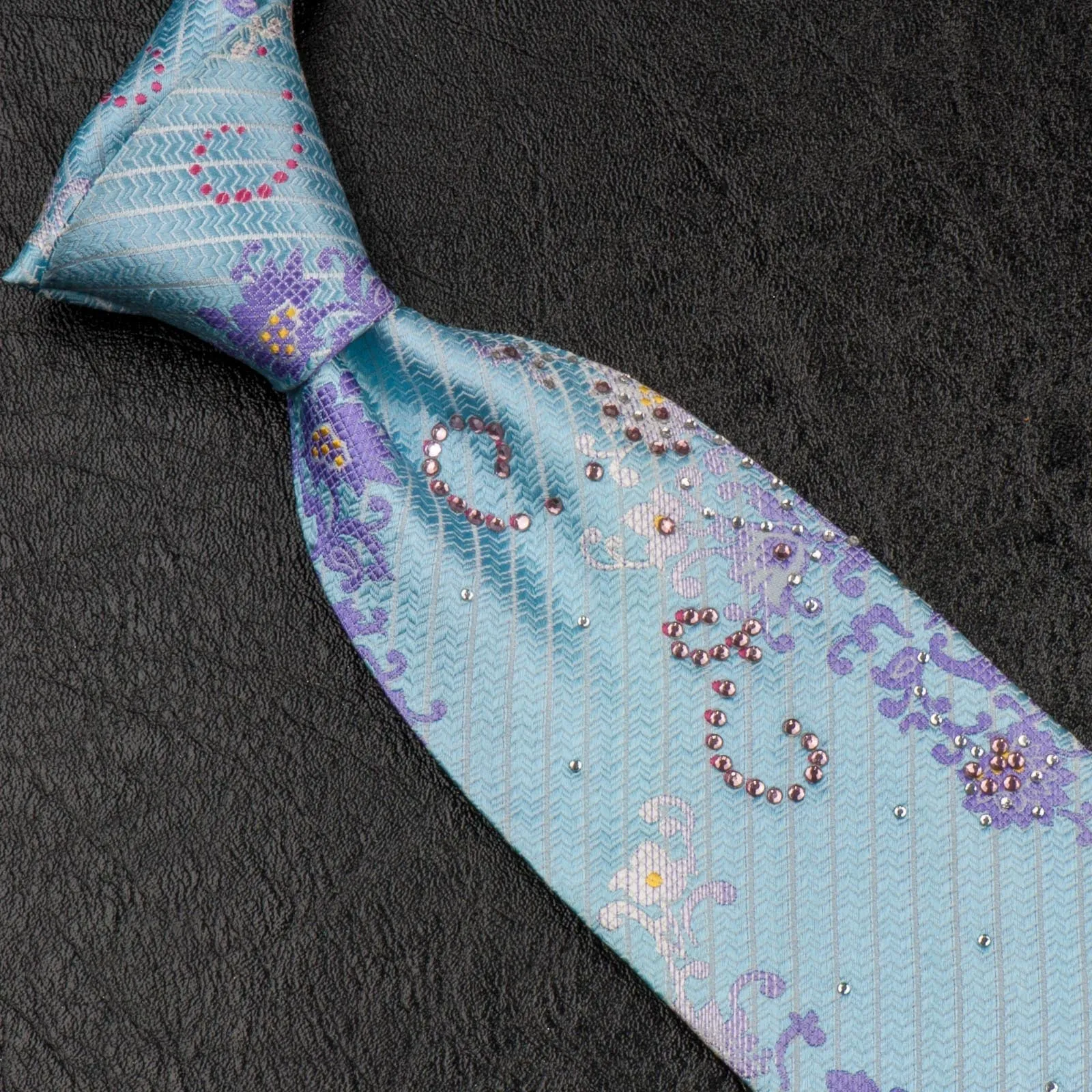 Beverly Hills Polo Club Rhinestone Silk Neck Tie Floral Design On Light Blue