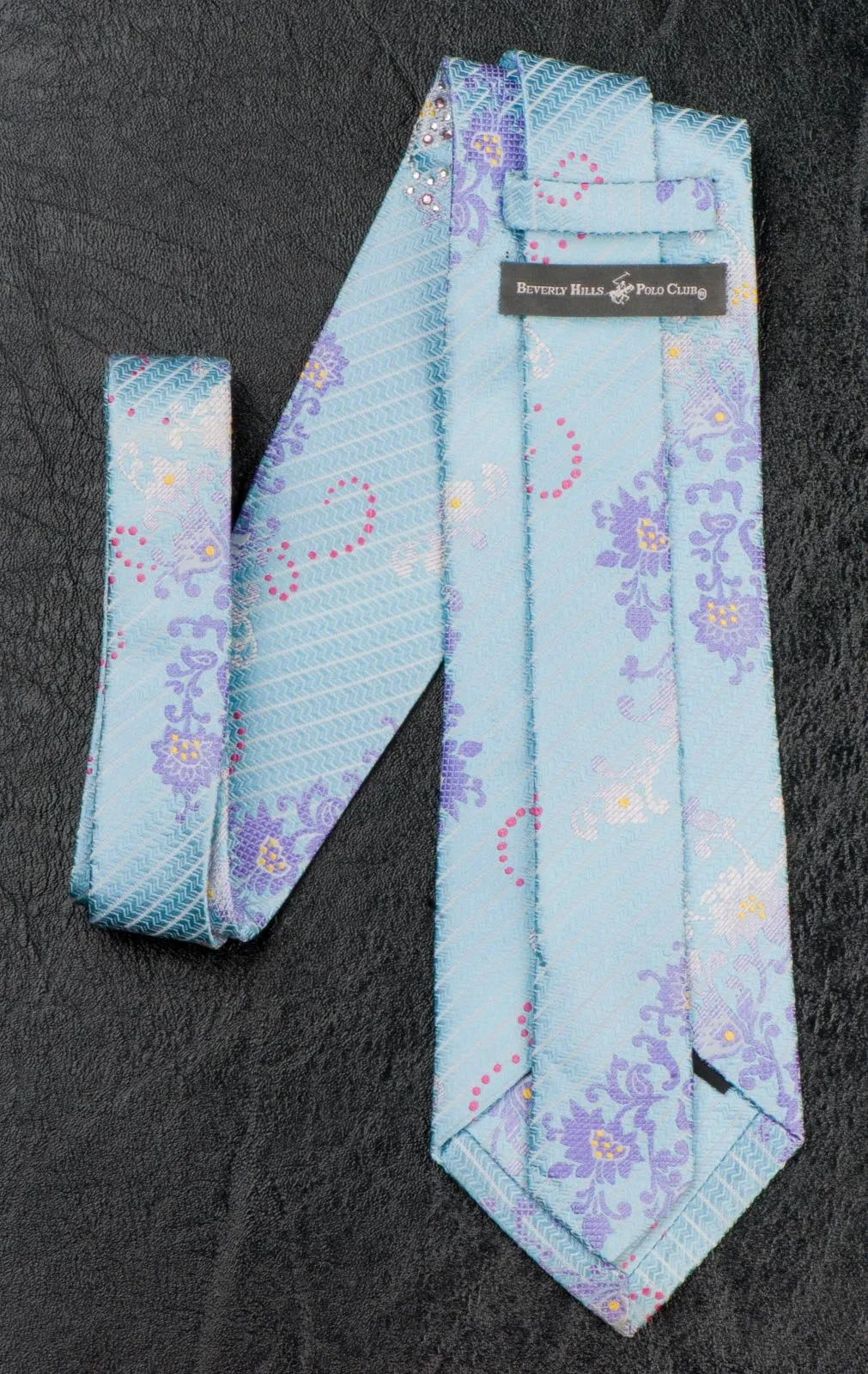 Beverly Hills Polo Club Rhinestone Silk Neck Tie Floral Design On Light Blue