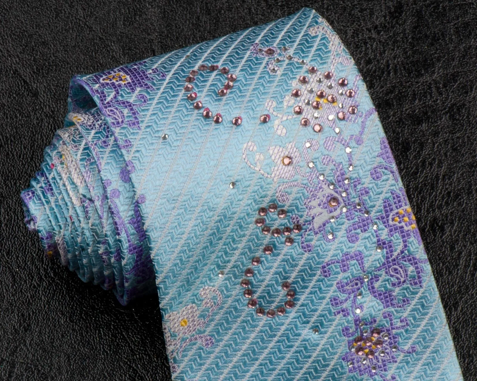 Beverly Hills Polo Club Rhinestone Silk Neck Tie Floral Design On Light Blue