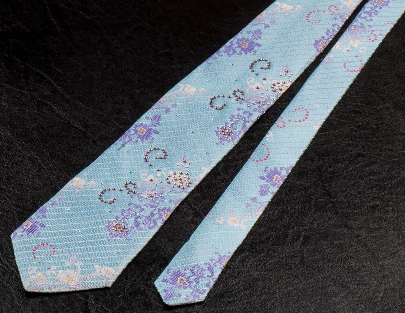 Beverly Hills Polo Club Rhinestone Silk Neck Tie Floral Design On Light Blue