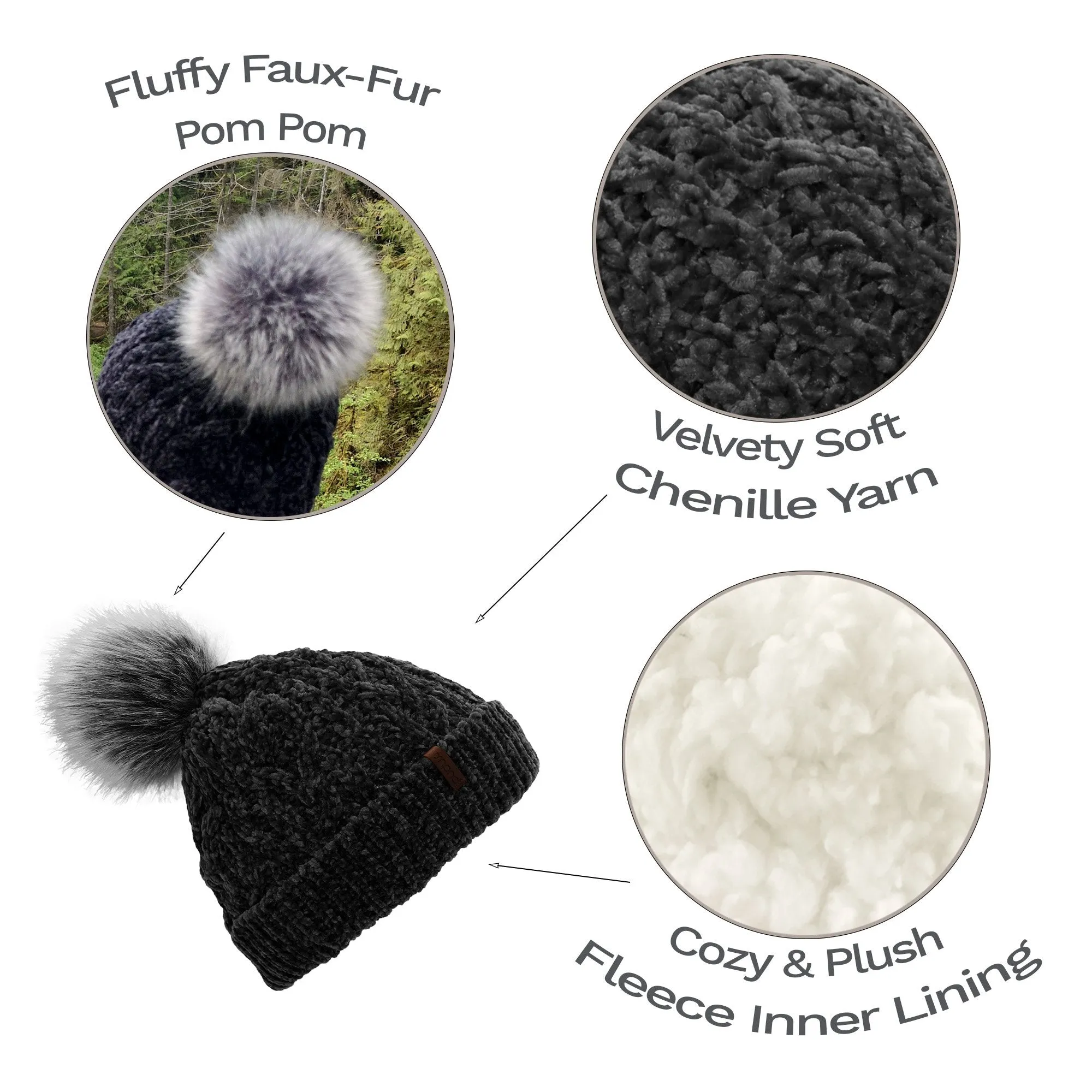 Black Chenille Cable Knit - Beanie Hat Adult