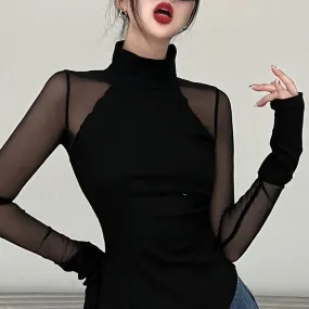 Black Sheer Long Sleeve Bodysuit Turtleneck - Sheer Sleeve Bodysuit