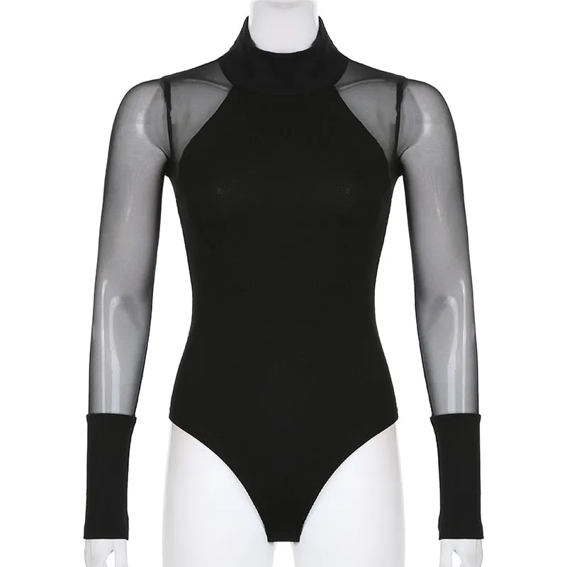 Black Sheer Long Sleeve Bodysuit Turtleneck - Sheer Sleeve Bodysuit