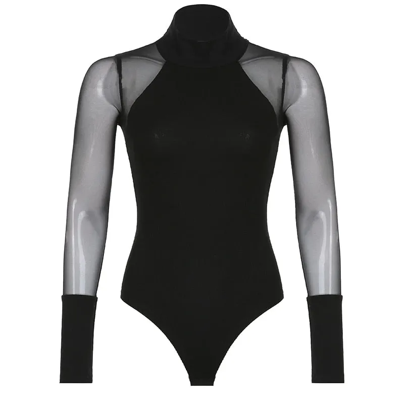 Black Sheer Long Sleeve Bodysuit Turtleneck - Sheer Sleeve Bodysuit