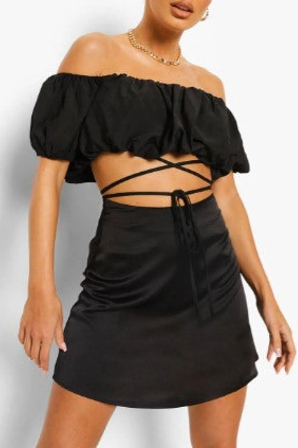 Black Woven Off The Shoulder Tie Waist Crop Top