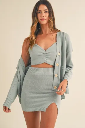 Blue Three-Piece Cardigan Sweater & Mini Skirt Set