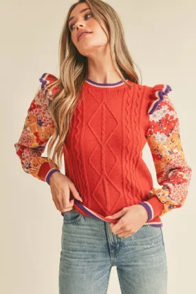 Brick Rust Mult Cable Knit Sweater Top With Woven Floral Sleeves