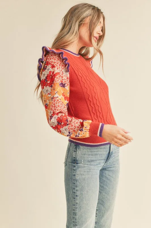 Brick Rust Mult Cable Knit Sweater Top With Woven Floral Sleeves