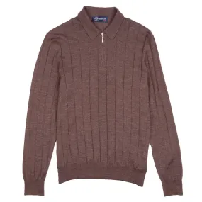 Chocolate Fine Wool & Silk Zip-Neck Polo