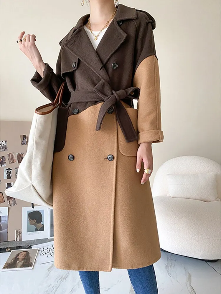 Color Block Patchwork Woolen Parka Coat