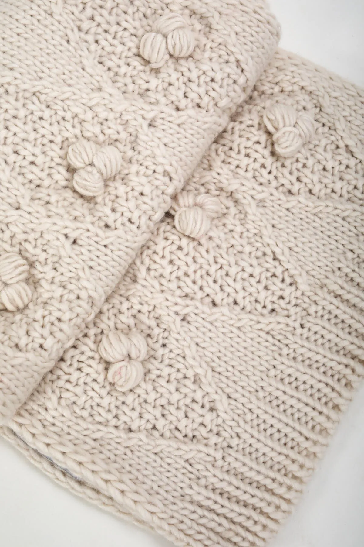 Cream Pom Cable Knit Scarf