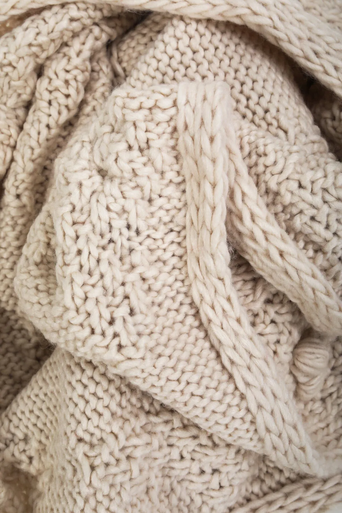 Cream Pom Cable Knit Scarf