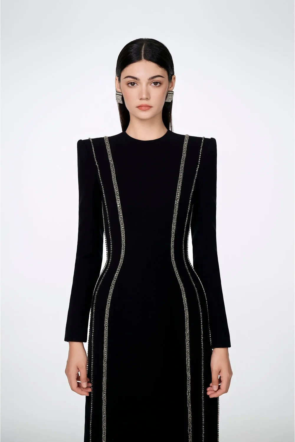 Crystal Embellished Long Sleeve Bodycon Full Dress