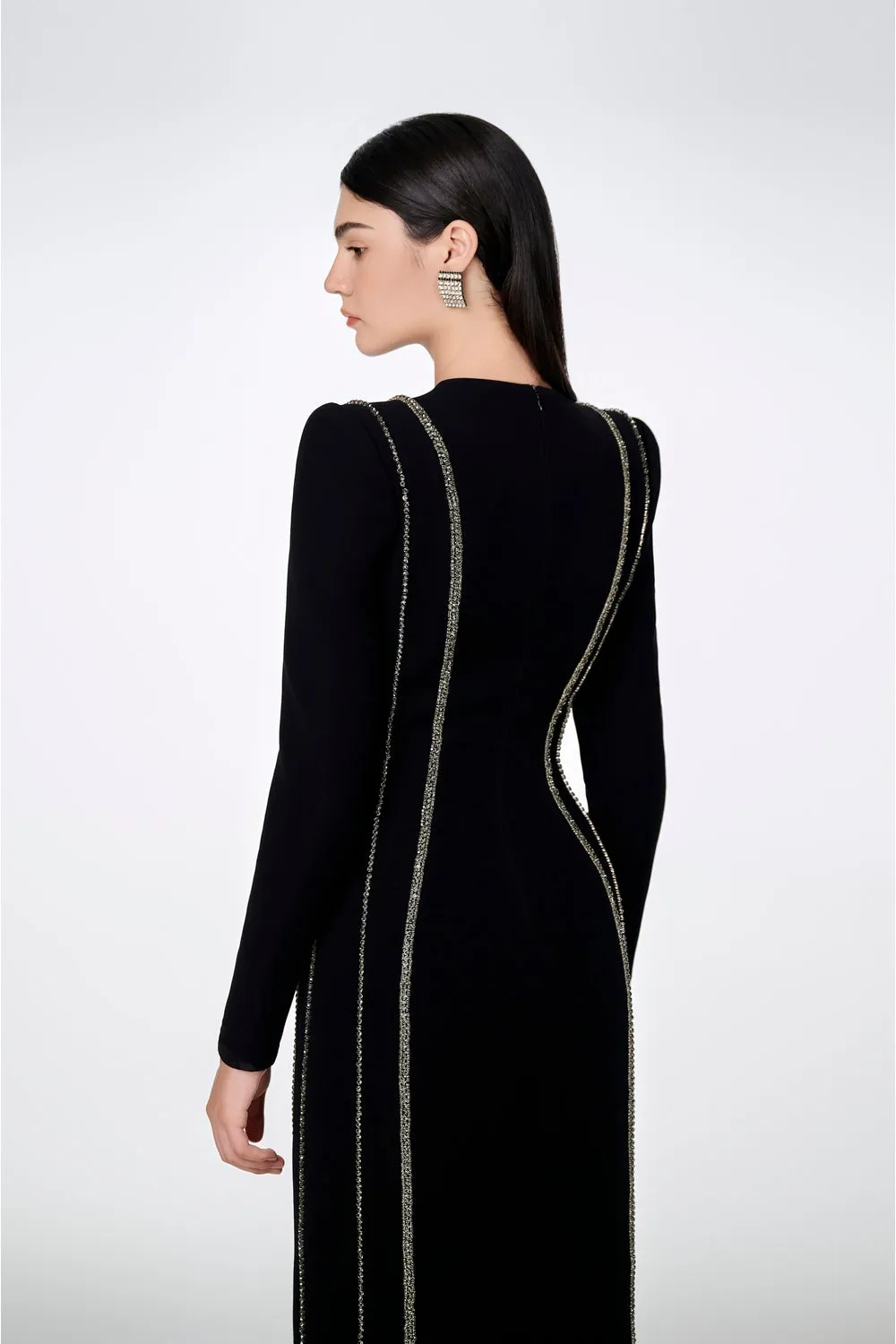 Crystal Embellished Long Sleeve Bodycon Full Dress