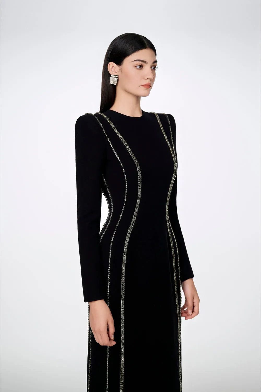 Crystal Embellished Long Sleeve Bodycon Full Dress