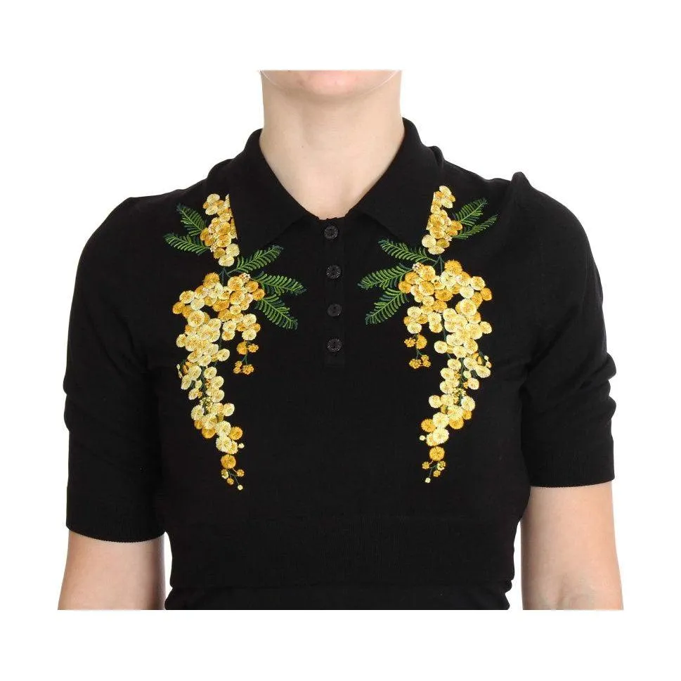 Dolce & Gabbana Elegant Black Silk Floral Polo Top