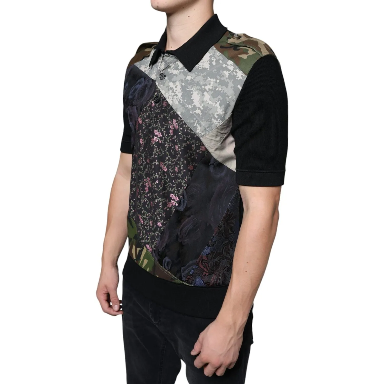 Dolce & Gabbana Multicolor Camouflage Patchwork Silk Polo T-shirt