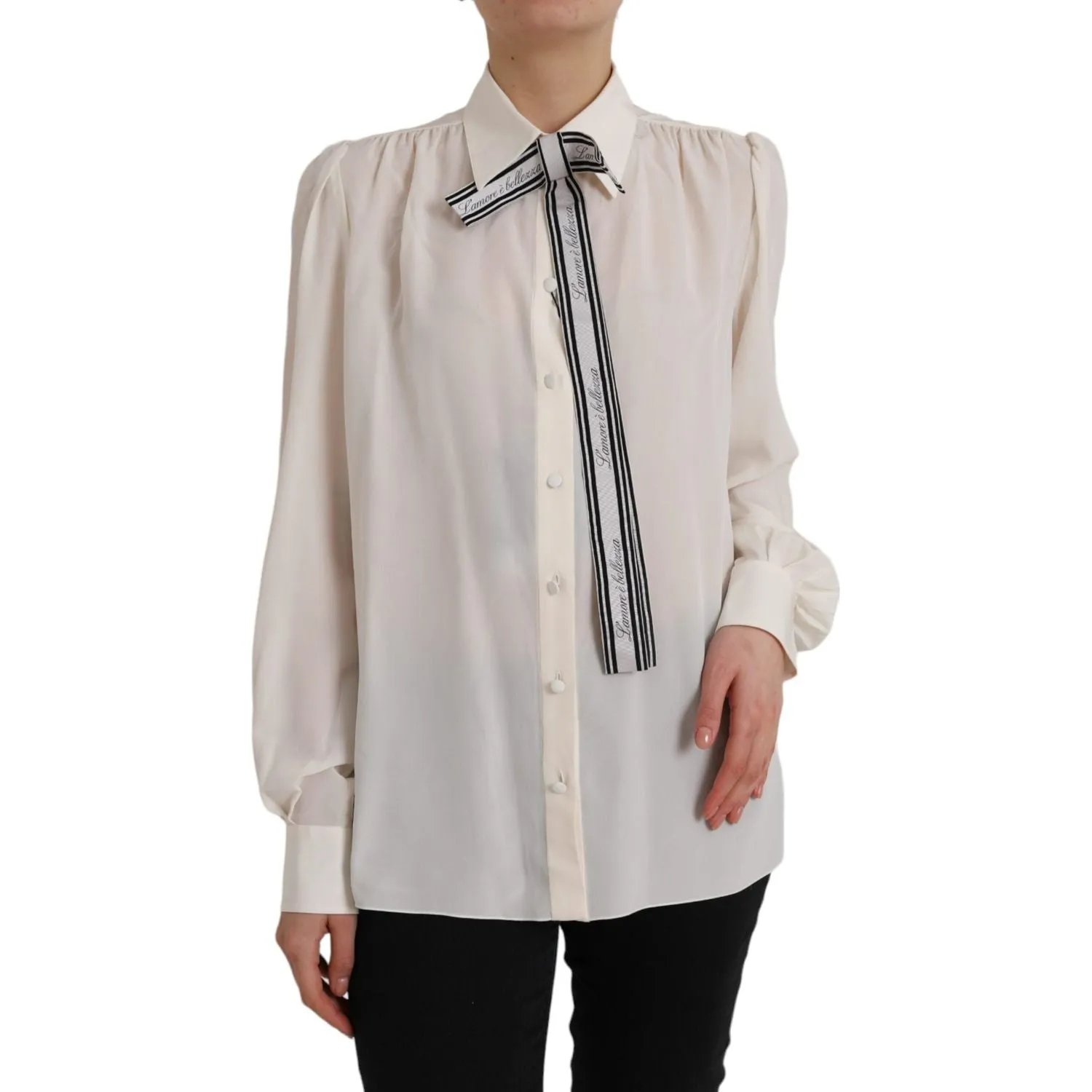 Dolce & Gabbana Off White Long Sleeve Button Down Blouse Top