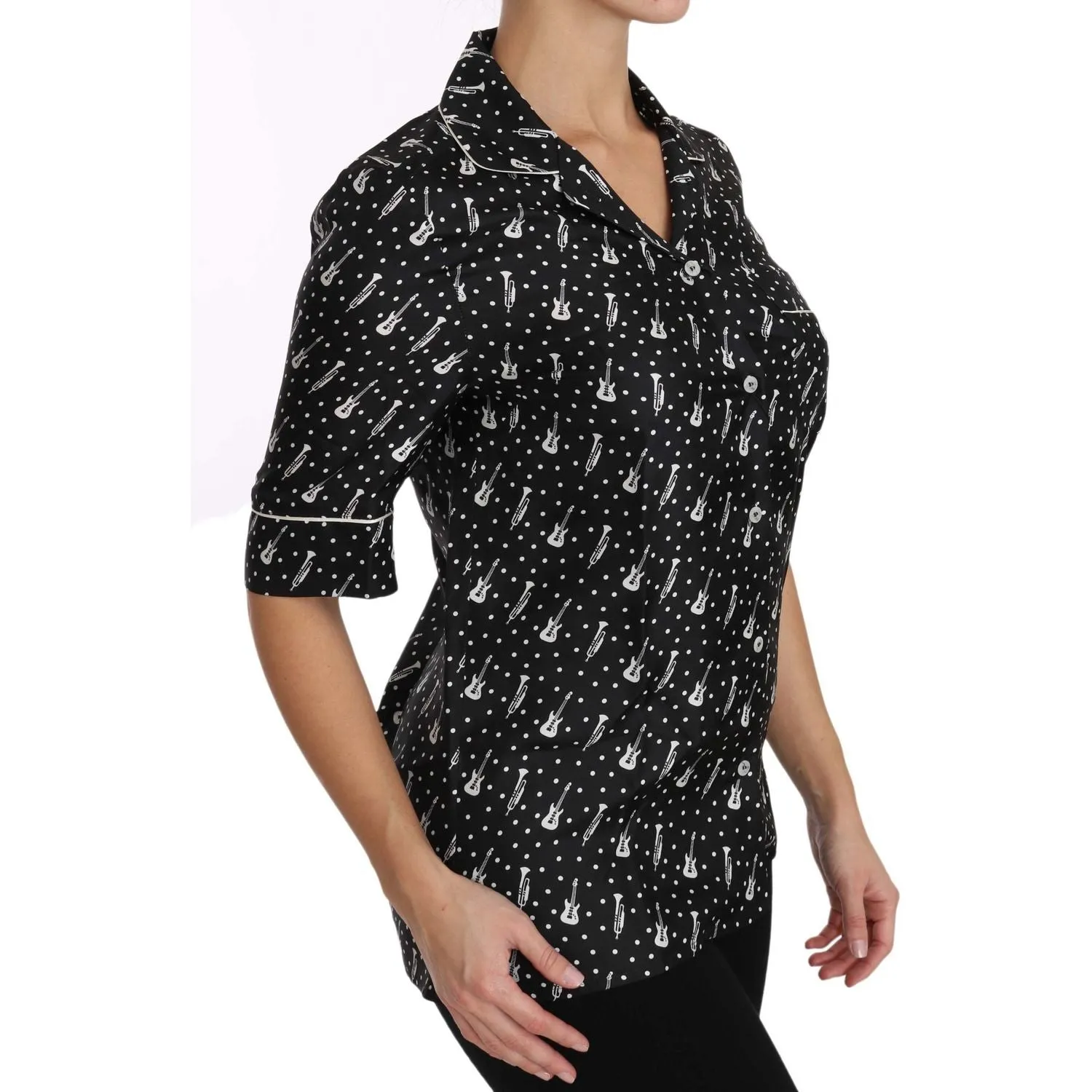 Dolce & Gabbana Silk Guitar Trumpet Print Polo Top