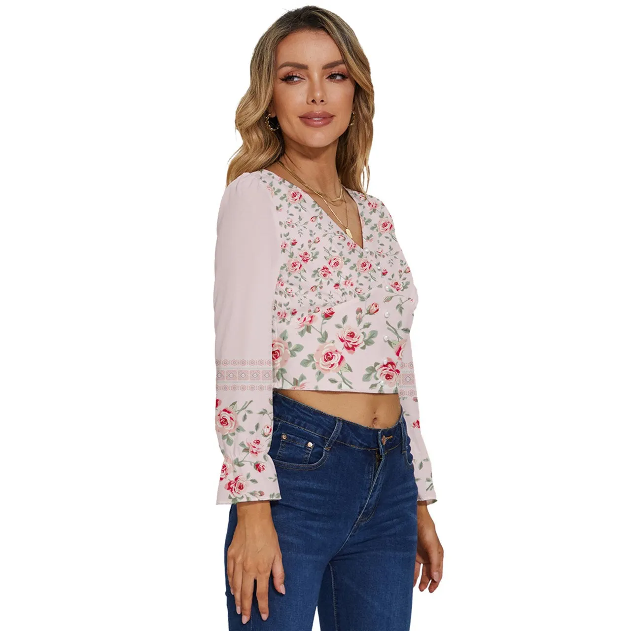 Dressy Floral Long Sleeve V-Neck Top - Linen