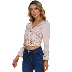 Dressy Floral Long Sleeve V-Neck Top - Linen