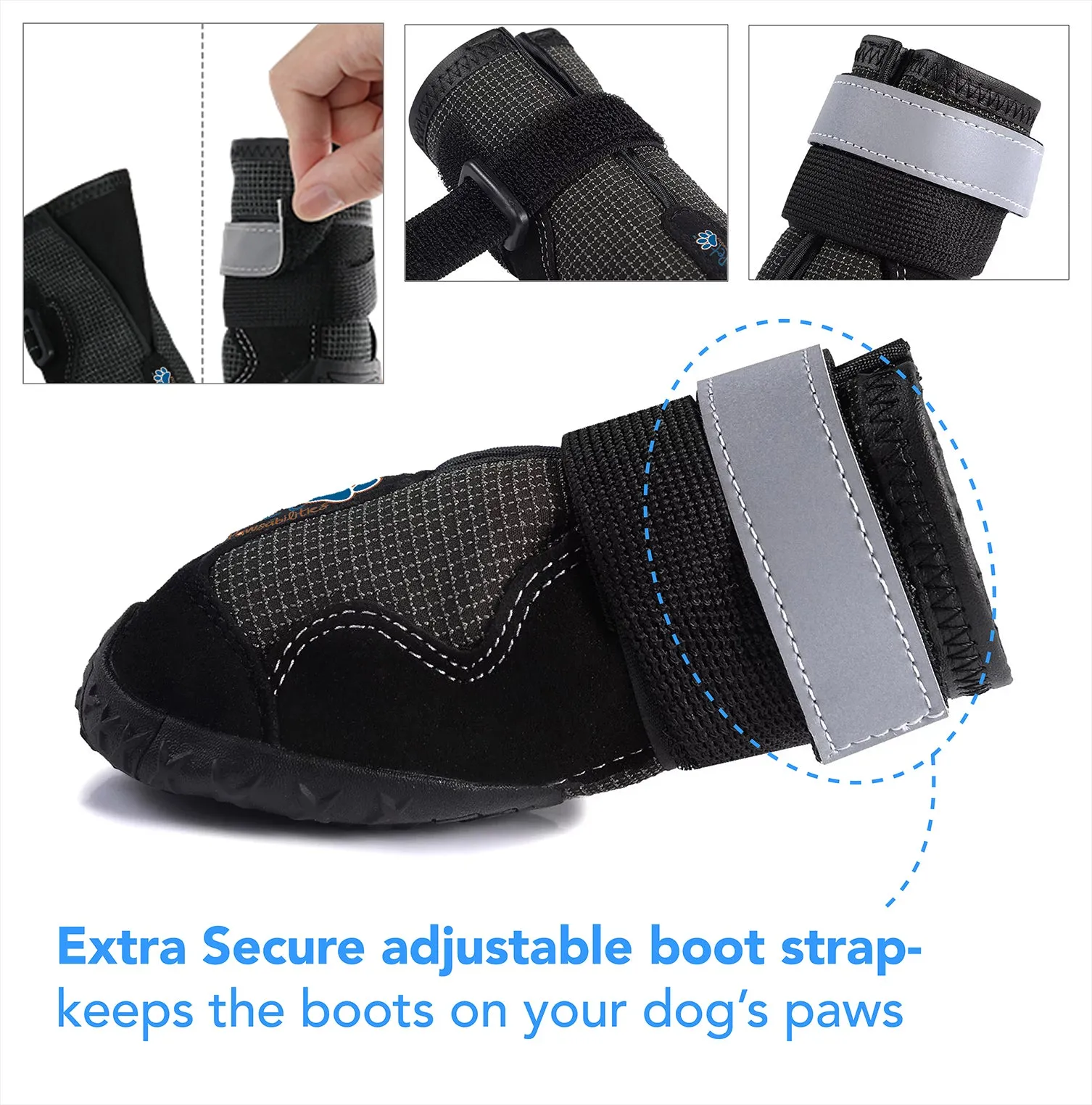 Durable Waterproof Dog Shoes, Extra Secure, Anti-Slip with Reflective Strap (Set of 4)