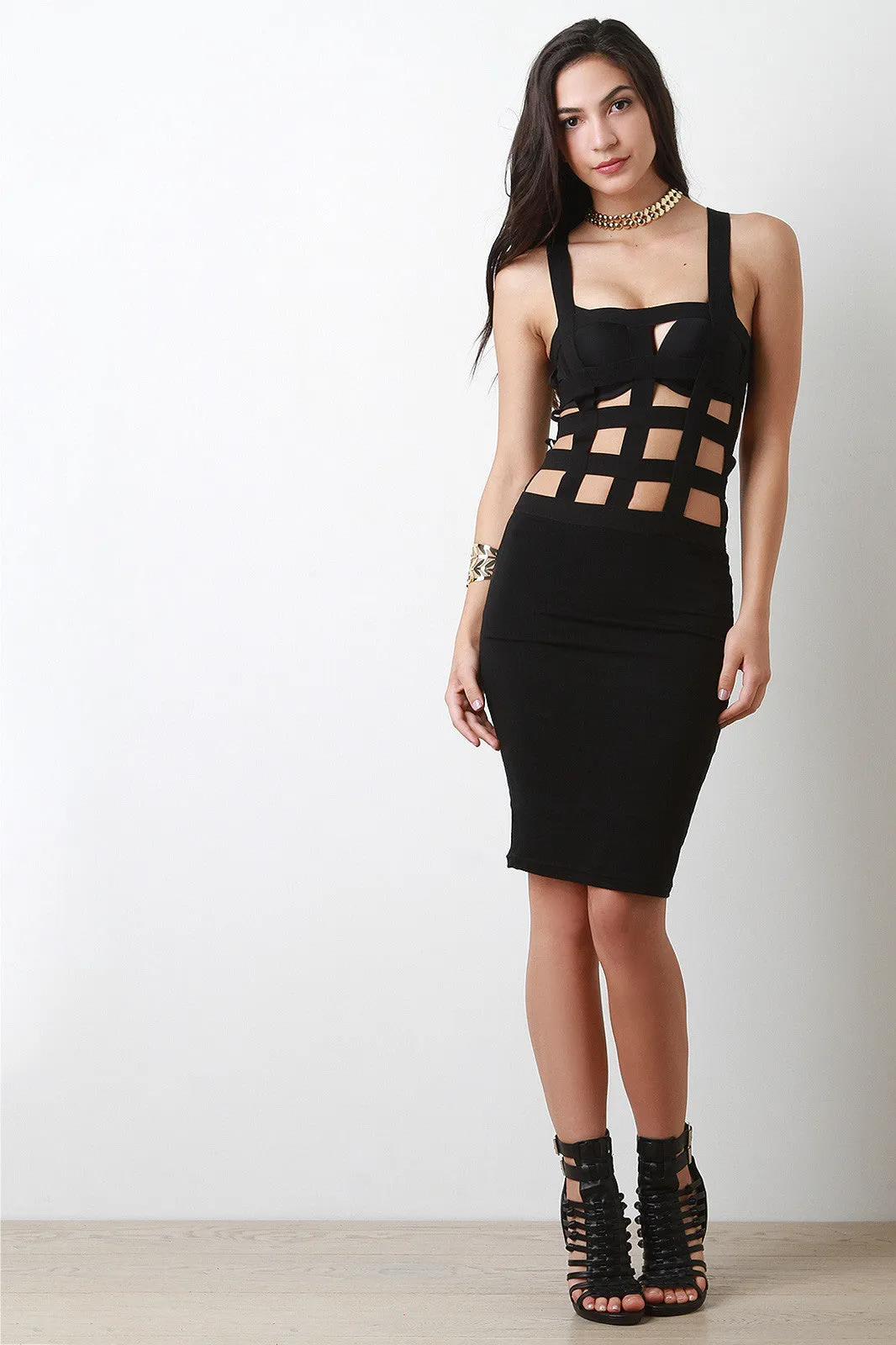 Elastic Caged Bodice Bodycon Dress