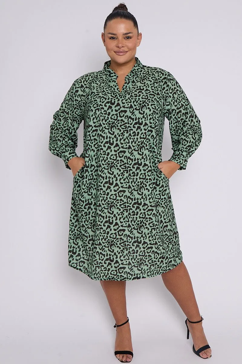 Eliana PLUS SIZE Green Animal Print Collar Style Dress With Pockets