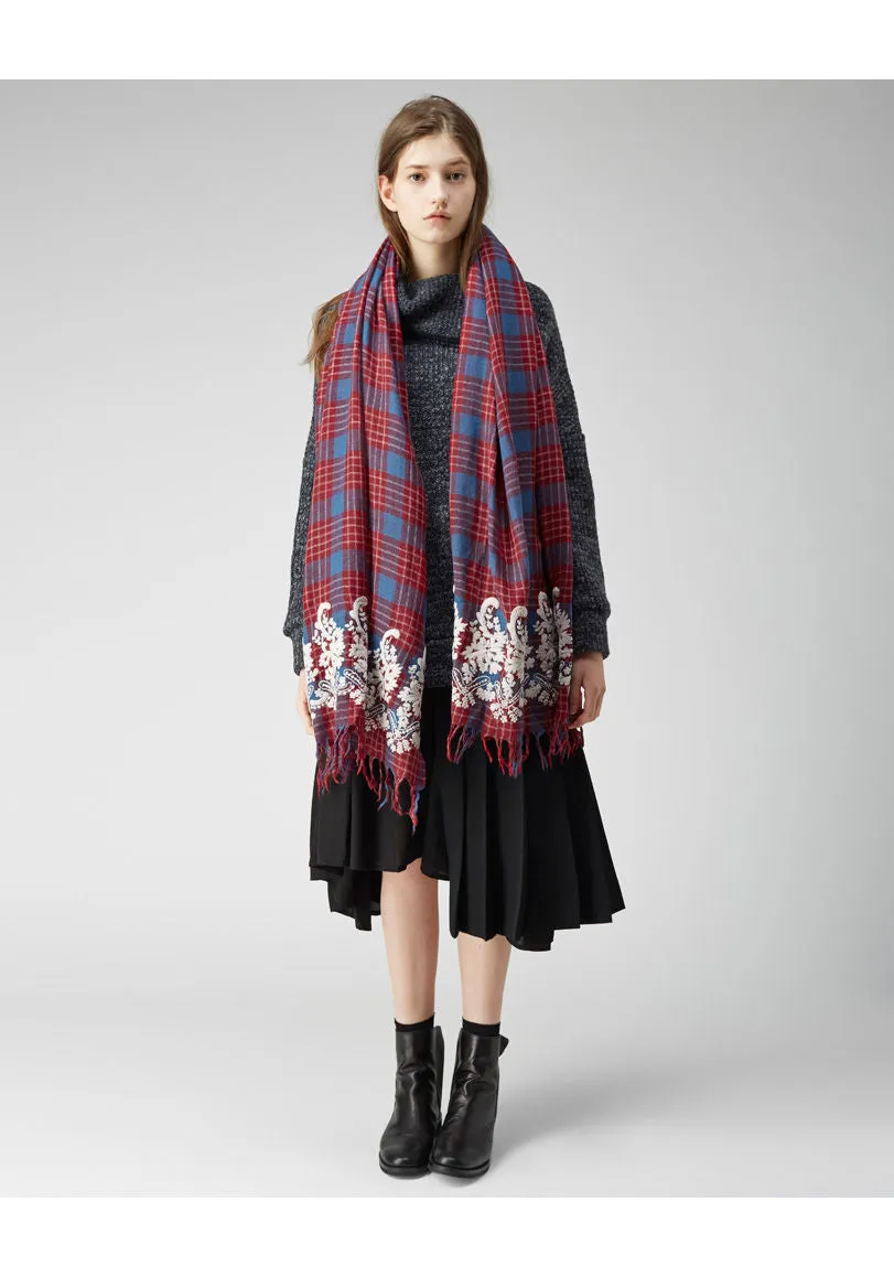 Embroidered Plaid Scarf