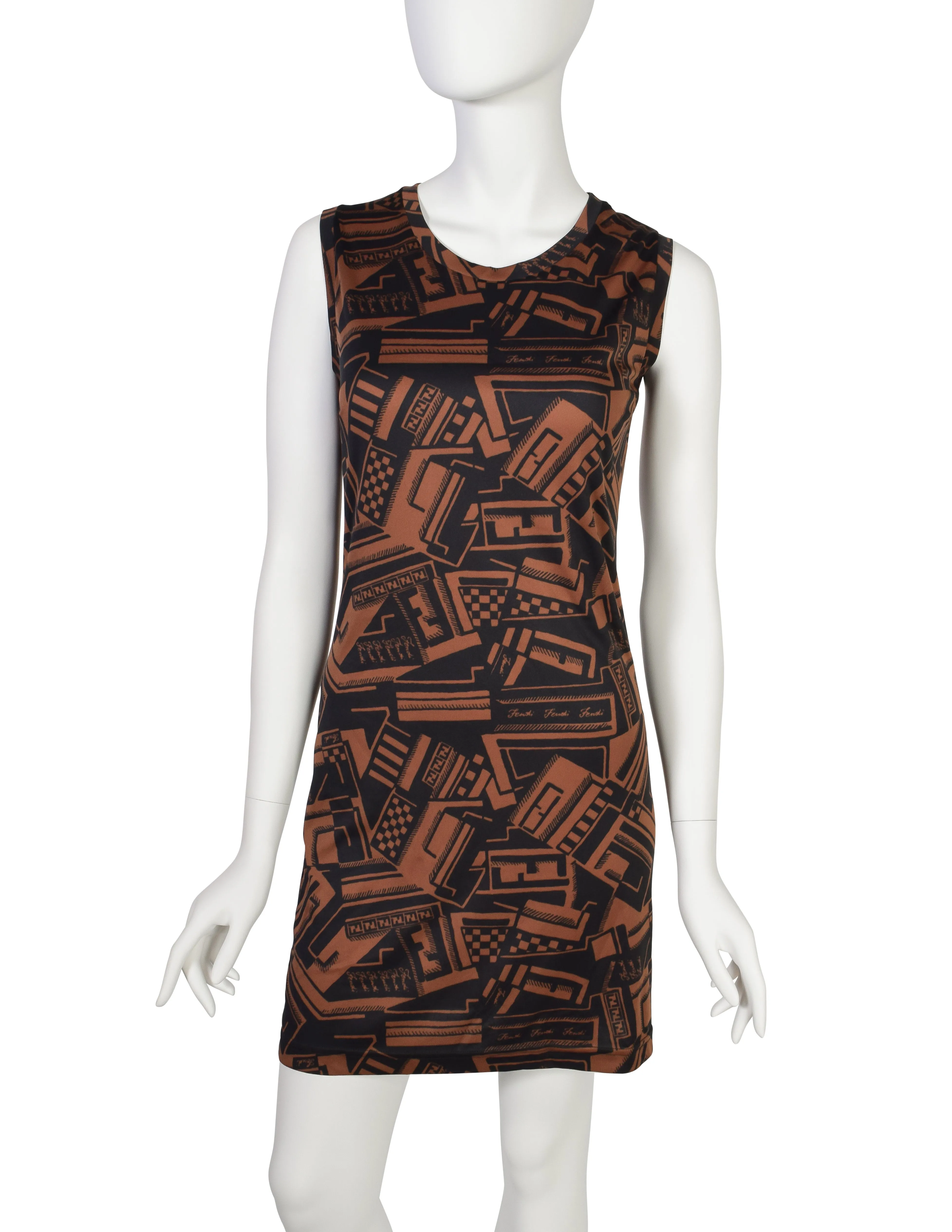 Fendi Vintage Black Brown Graphic Checkered Logo Print Bodycon Dress