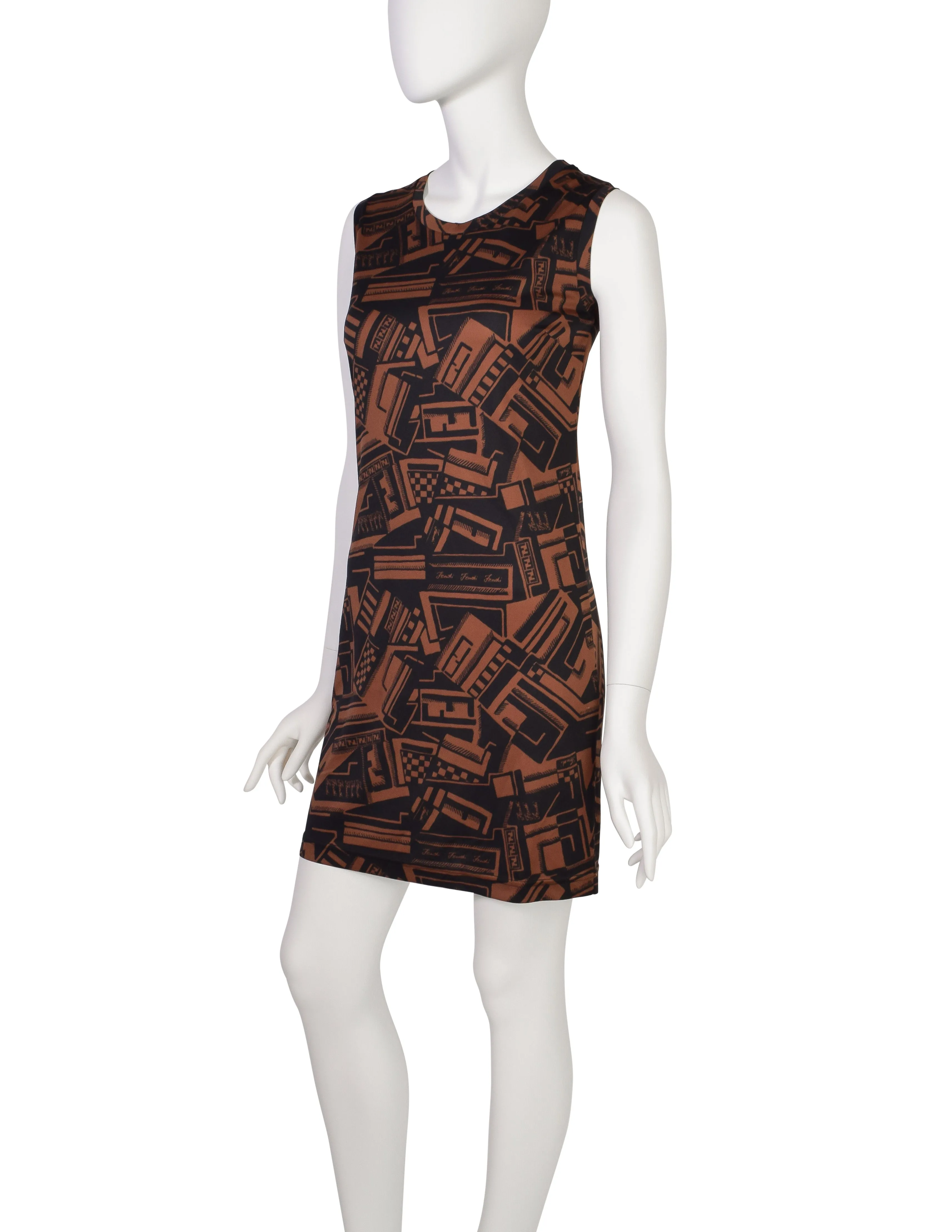 Fendi Vintage Black Brown Graphic Checkered Logo Print Bodycon Dress