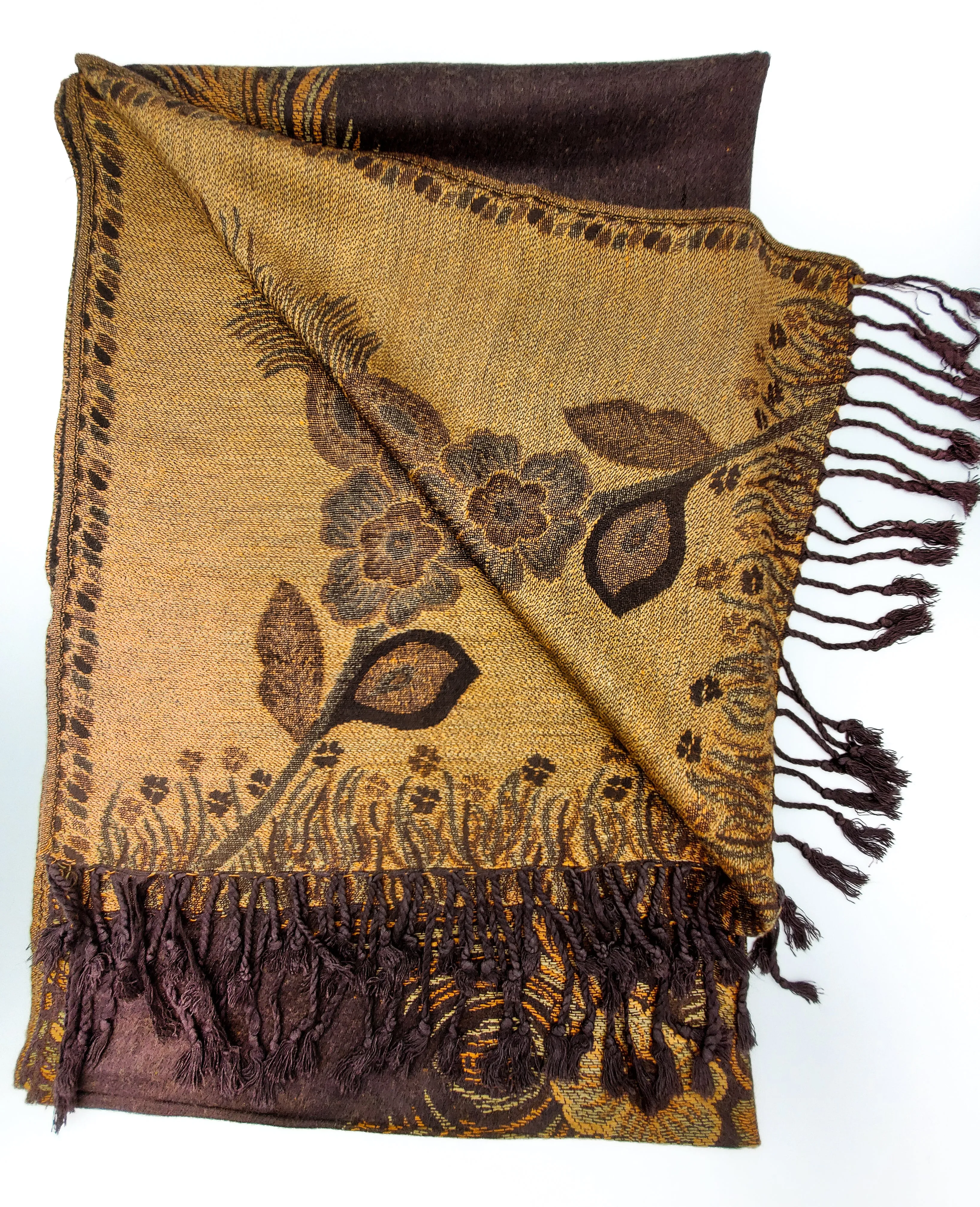 Floral & Feather Patterned Pashmina Brown