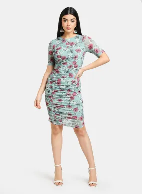 Floral Stretch Mesh Ruched Bodycon Mini Dress